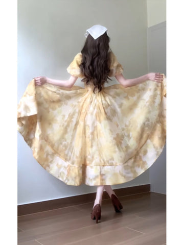 French A line Square Neckline Yellow Holiday Dress Floral Birthday Dresses Birthday Outfits SD1149